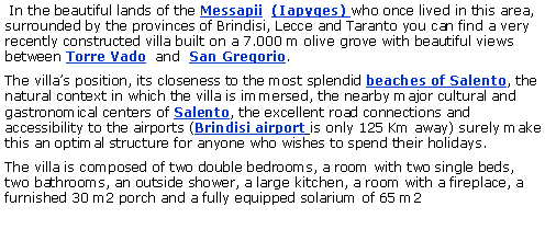 Casella di testo:  In the beautiful lands of the Messapii  (Iapyges) who once lived in this area, surrounded by the provinces of Brindisi, Lecce and Taranto you can find a very recently constructed villa built on a 7.000 m olive grove with beautiful views between Torre Vado  and  San Gregorio.The villas position, its closeness to the most splendid beaches of Salento, the natural context in which the villa is immersed, the nearby major cultural and gastronomical centers of Salento, the excellent road connections and accessibility to the airports (Brindisi airport is only 125 Km away) surely make this an optimal structure for anyone who wishes to spend their holidays.The villa is composed of two double bedrooms, a room with two single beds, two bathrooms, an outside shower, a large kitchen, a room with a fireplace, a furnished 30 m2 porch and a fully equipped solarium of 65 m2
